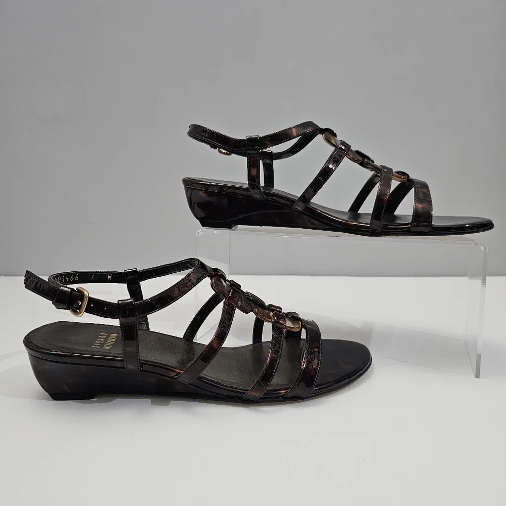 Stuart Weitzman Sandal Women 7 WIDE Tortoise Shell Brown Leather Strappy Wedge